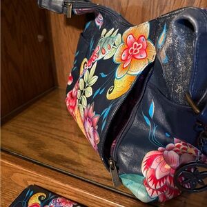 Anuschka Original Hand Painted Leather/Vintage Floral Hobo with Crossbody Strap
